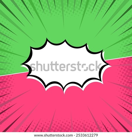 Pop art pattern backdrop. Comic book background with blank speech bubble balloon and halftone effect. Red and green cartoon retro starburst texture with dots. Duotone effect. Vintage gradient banner. 