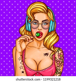  pop art pin up sexy tattooed girl in headphones sucks lollipop. Blonde young woman in glasses, painted lips. Flirting female character with big breasts, advertising, sale posters illustration