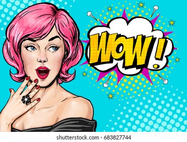 Pop Art Pink Hair Woman With Wow Face . Advertising Poster Of Sale Or Discount With Sexy  Girl.