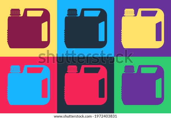 Pop art Plastic canister for motor machine oil icon\
isolated on color background. Oil gallon. Oil change service and\
repair. Engine oil\
sign.