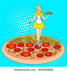 Pop art process of cooking pizza. Cheese pours over the girl cook, waitress sexy, young and beautiful. Not the standard size of a woman, small. Comic book style imitation. Vintage retro style.
