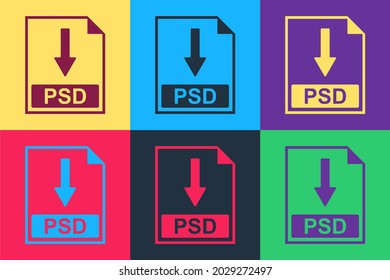 Pop art PSD file document icon. Download PSD button icon isolated on color background. .