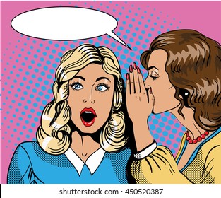 Pop Art Retro Comic Illustration. Woman Whispering Gossip Or Secret To Her Friend. Speech Bubble.