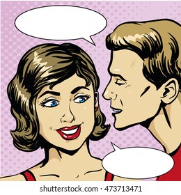 Pop Art Retro Comic Illustration. Man Whispering Gossip Or Secret To Woman. Speech Bubble.