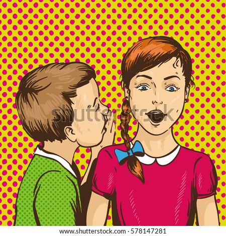 Pop art retro comic vector illustration. Kid whispering gossip or secret to his friend. Children talk to each other.