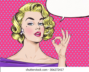 Pop art sexy woman showing OK sign with speech bubble. Party invitation or birthday greeting card with blonde attractive girl in vintage Hollywood comic style.
