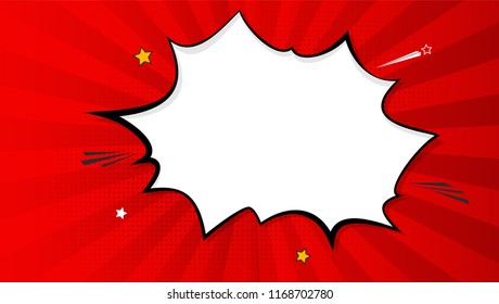 Pop art splash background, explosion in comics book style, blank layout template with halftone dots, clouds beams and isolated dots pattern on red backdrop. template for ad, covers, posters.