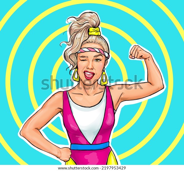 Pop Art sporty winking woman. Girl power advertising mural. Comic woman showing her biceps. We Can Do It. Fitness. Gym wallpaper. 