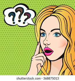 Pop Art Stupid Woman Face With Question Marks. Blonde Thinking Woman With Open Mouth Comics Style Illustration.