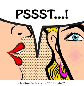 Pop Art Style Comic Book Panel Gossip Girl Whispering In Ear Secrets With Speech Bubble, Rumor, Word-of-mouth Concept 