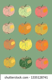 Pop art style pattern with hand drawn colorful apples