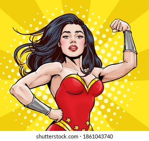 Pop Art super hero woman. Girl power advertising poster. Comic woman showing her biceps. We Can Do It. Superwoman