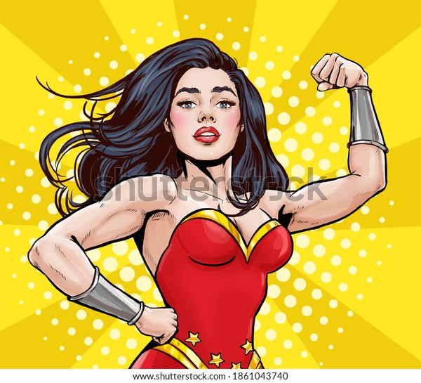 Pop Art\
super hero woman. Girl power advertising poster. Comic woman\
showing her biceps. We Can Do It.\
Superwoman