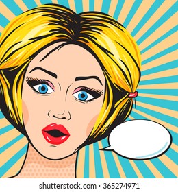 Pop Art Surprised Woman Face Thinking Stock Illustration 365274971