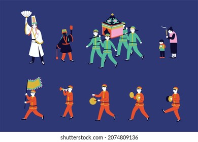 Pop Art Taiwanese Religion Characters Collection, Including Underworld Gods, Religious Sedan, Religious Family, Traditional Music Performers. Isolated On Dark Blue Background