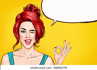 Pop art winking woman showing OK sign with speech bubble. Party invitation or birthday greeting card with red head attractive girl in vintage Hollywood comic style.