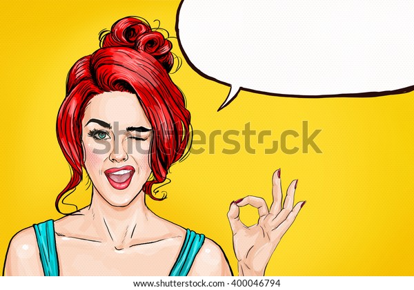 ポップアートのウィンキング女性がokサインとスピーチバブルを表示 ビンテージハリウッドのコミックスタイルの赤い頭の魅力的な女の子を持つパーティーの招待状または誕生日のグリーティングカード のイラスト素材