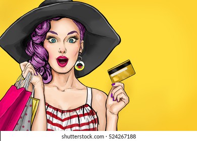 Pop Art Woman In Black Hat With Bags And Credit Card In The Hands. Advertising Poster Of Sale Or Discount With Sexy  Girl.