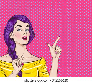 Pop Art  woman pointing finger showing copy space.Vintage advertising poster with fashion girl. 
