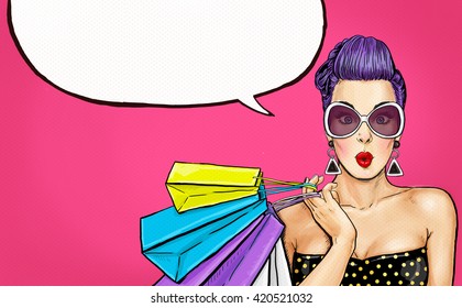  Pop Art woman in sun glasses with bags in the hands. Advertising poster of sale or discount with sexy  girl.