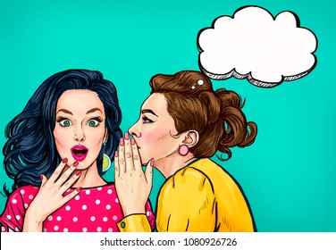 Pop Art Women Gossip With Thought Bubble. Advertising Poster Or Disco Flayer Design Of Female Conversation. Two Beautiful Girls Talking About You.