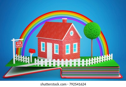 Pop Up Book With A Brick House For Sale. 3D Rendering