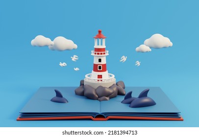 Pop Up Book With Light House On Rocket And Shark. 3D Render Illustration.