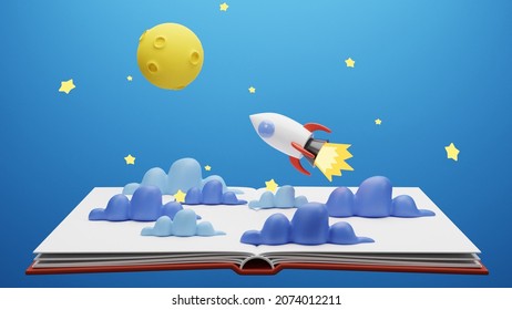 Pop Up Book With Rocket In Space. 3d Rendering