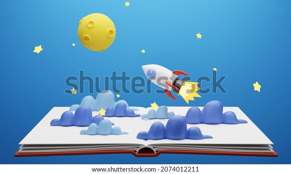 Pop up book\
with rocket in space. 3d\
Rendering
