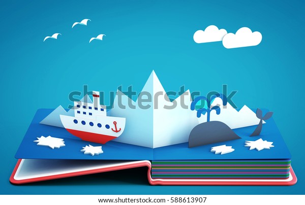 Pop up book with steamboat among icebergs and\
ice floes. 3D\
rendering
