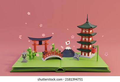 Pop Up Book With Traditional Symbols Of Architecture And Culture Of Japan. 3D Render Illustration.