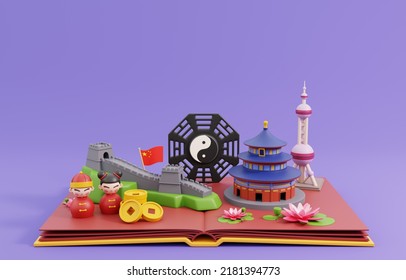 Pop Up Book With Traditional Symbols Of Architecture And Culture Of China. 3D Render Illustration.