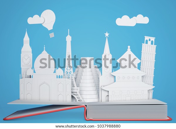 Pop up book\
with world landmarks. 3D\
rendering