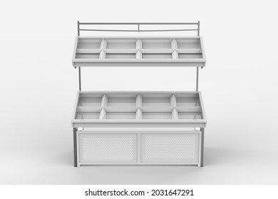 Pop Up Multilayer Grocery Store Vegetable Display Racks. 3d Illustration