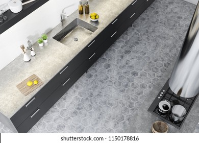 Pop View Of A White Wall Kitchen With Black Countertops, A Sink And A Metal Pipe. Concept Of Interior Design. 3d Rendering Mock Up