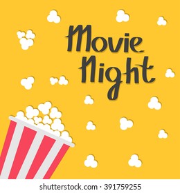 Popcorn Bag. Cinema Icon In Flat Design Style. Movie Night Text With Shadow. Lettering. 