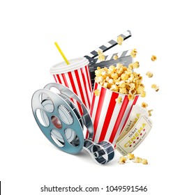 Popcorn, cinema reel, disposable cup, clapper board and tickets isolated on white. Concept cinema theater 3D illustration. - Powered by Shutterstock