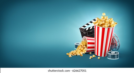 Popcorn, cinema reel, disposable cup, clapper board and tickets at blue background. Concept cinema theater 3D illustration.
