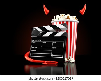 Popcorn And Clapboard With Devil Horns And Tail On Black Background. 3d Illustration