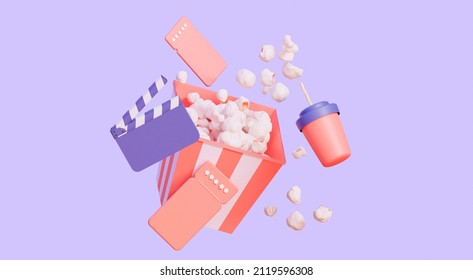Popcorn and drink   movie tickets for movie show  3D render