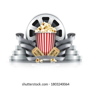 Popcorn Film-strips And Disks With Cinema Tickets To Movie Theater. Isolated On White Background. 3D Illustration.