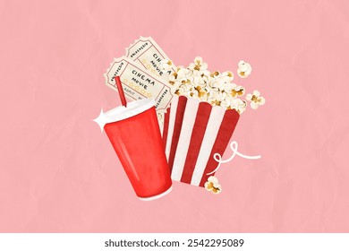 Popcorn, soda, and cinema tickets on a pink wrinkled textured background. Popcorn and soda for a movie night. Enjoy cinema with popcorn, soda, and tickets. - Powered by Shutterstock