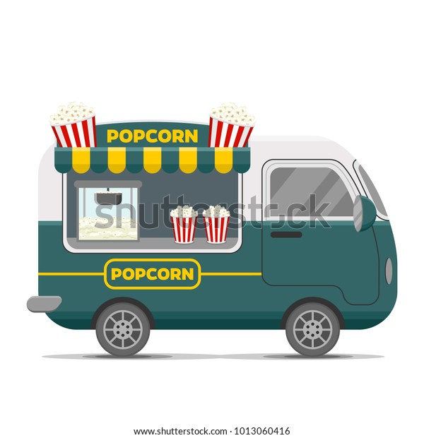 Popcorn street food caravan\
trailer. Colorful illustration, cute style, isolated on white\
background