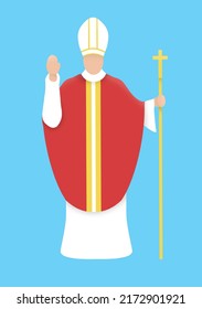 A Pope In The Red-white Robe With Golden Cross Mark And Golden Staff In His Hand.