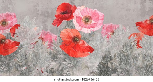 Poppies flowers illustration. Poppies painted on the grunge wall. Beautiful design for postcard, picture, mural, wallpaper, photo wallpaper.