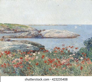 Poppies, Isles of Shoals, by Childe Hassam, 1891, American impressionist painting, oil on canvas. This view, centered on an outcropping called Babb's Rock, was painted from Celia Thaxter's garden