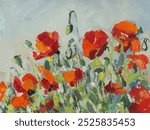 Poppies oil painting. Bright red flowers in the sunlight. Modern hand-painted painting. Artistic background for the design. Summer illustration for postcards, websites. A glade of flowers in close-up