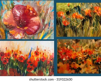 Poppy field, big red flowers. Painting, pictorial art