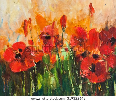 Poppy field, big red flowers. Painting, pictorial art