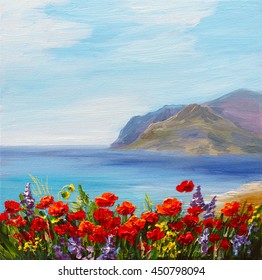 Poppy Field Near The Sea, Colorful Coast, Art Oil Painting